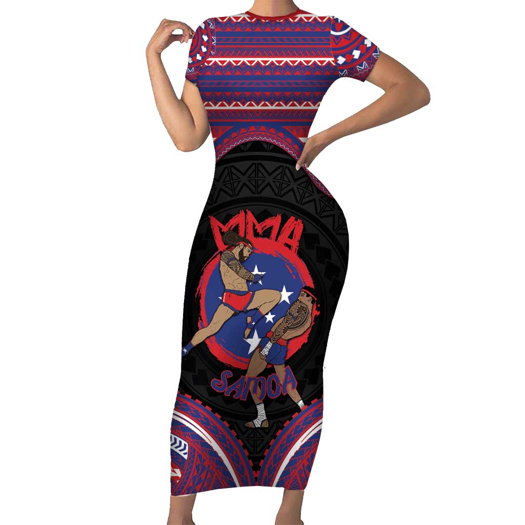 Personalised Samoa Mixed Martial Arts Short Sleeve Bodycon Dress Flying Knee Of Samoan DT05 Long Dress Black - Polynesian Pride