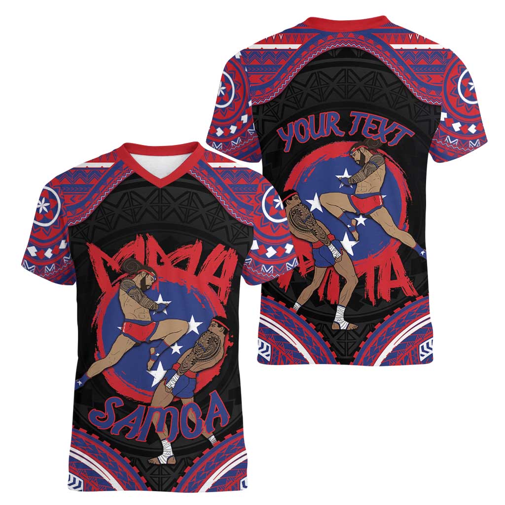Personalised Samoa Mixed Martial Arts Women V-Neck T-Shirt Flying Knee Of Samoan DT05 - Polynesian Pride