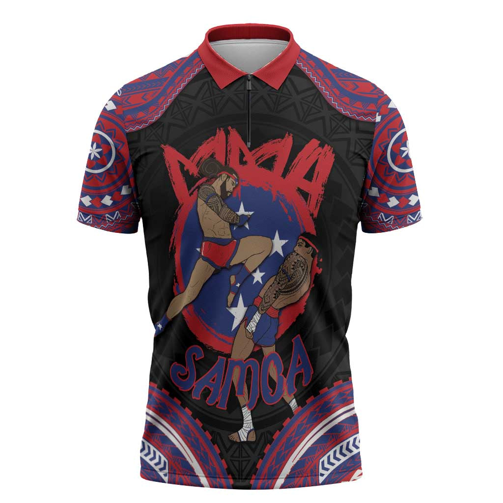 Personalised Samoa Mixed Martial Arts Zipper Polo Shirt Flying Knee Of Samoan DT05 Black - Polynesian Pride