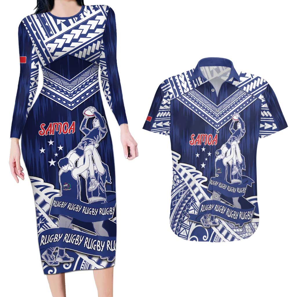 Personalised Samoa Rugby Couples Matching Long Sleeve Bodycon Dress and Hawaiian Shirt Pacific Warrior Glory - Polynesian Pride