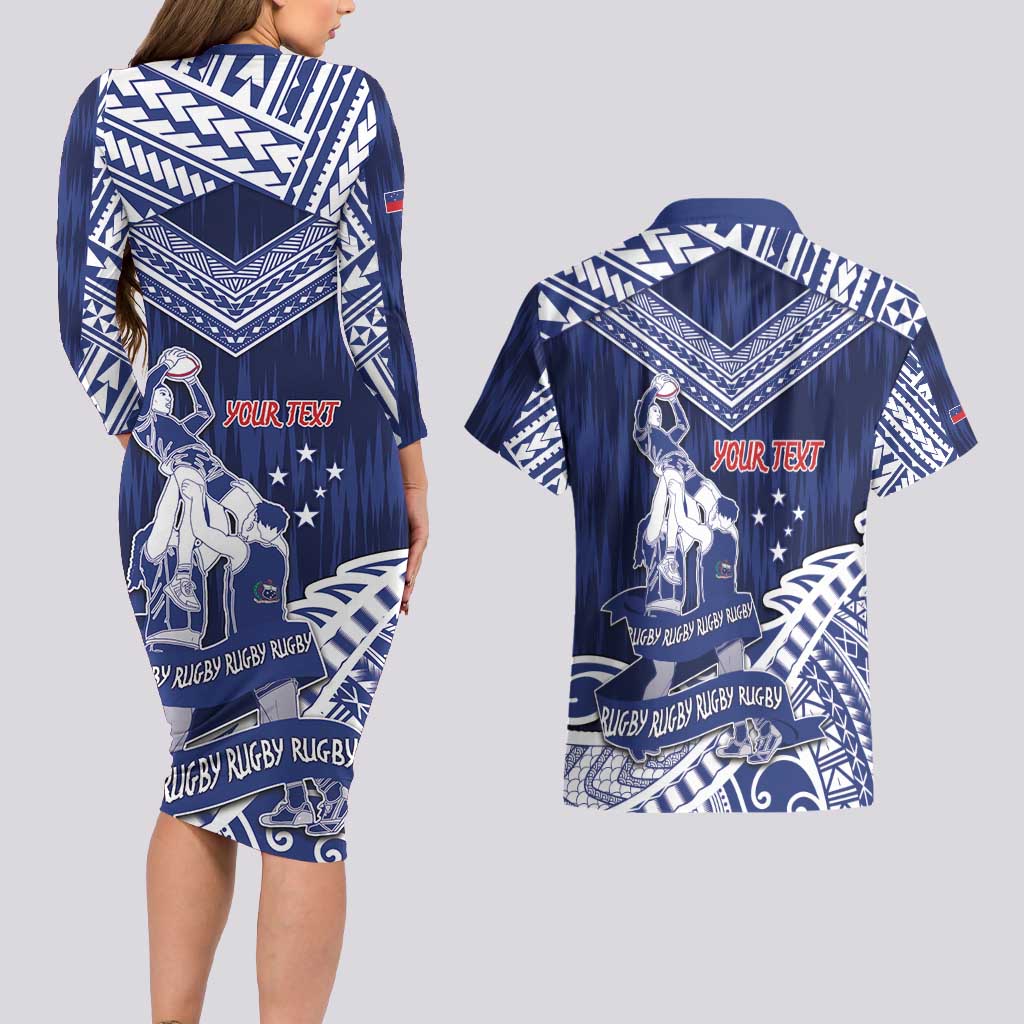 Personalised Samoa Rugby Couples Matching Long Sleeve Bodycon Dress and Hawaiian Shirt Pacific Warrior Glory - Polynesian Pride
