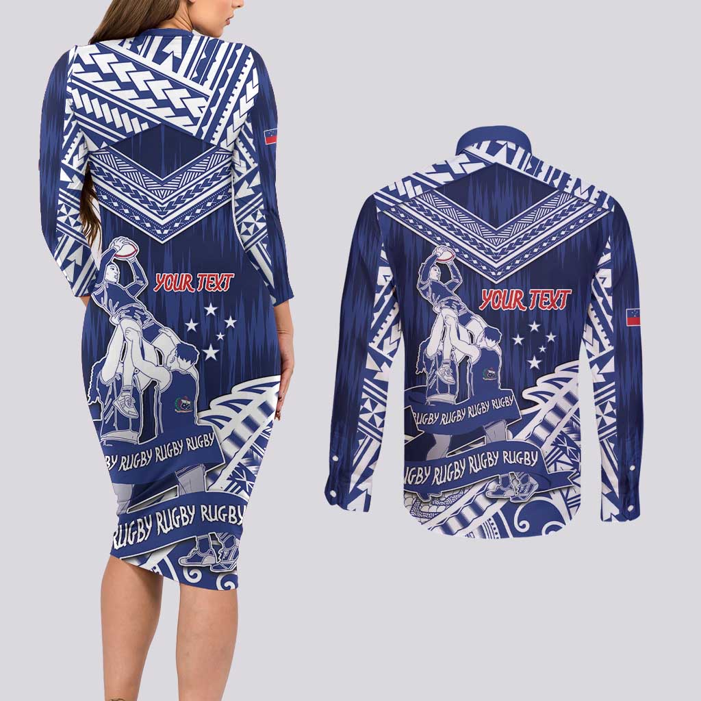 Personalised Samoa Rugby Couples Matching Long Sleeve Bodycon Dress and Long Sleeve Button Shirt Pacific Warrior Glory - Polynesian Pride