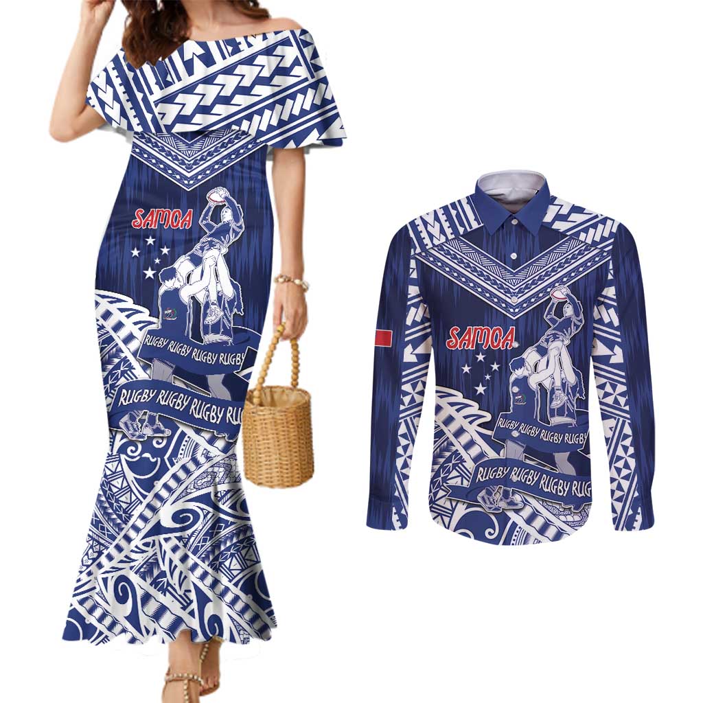 Personalised Samoa Rugby Couples Matching Mermaid Dress and Long Sleeve Button Shirt Pacific Warrior Glory - Polynesian Pride