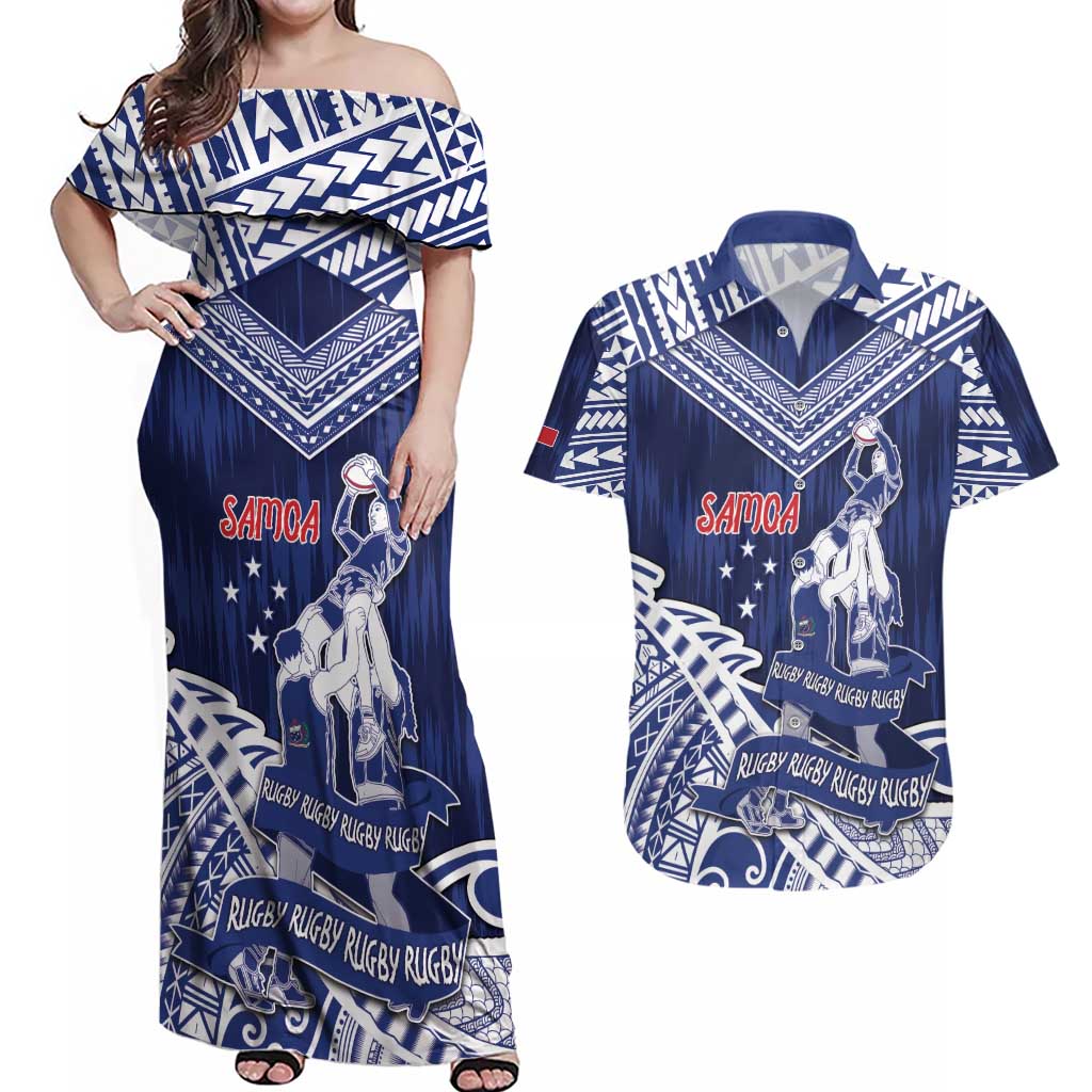 Personalised Samoa Rugby Couples Matching Off Shoulder Maxi Dress and Hawaiian Shirt Pacific Warrior Glory - Polynesian Pride
