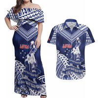 Personalised Samoa Rugby Couples Matching Off Shoulder Maxi Dress and Hawaiian Shirt Pacific Warrior Glory - Polynesian Pride
