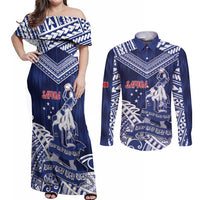 Personalised Samoa Rugby Couples Matching Off Shoulder Maxi Dress and Long Sleeve Button Shirt Pacific Warrior Glory - Polynesian Pride