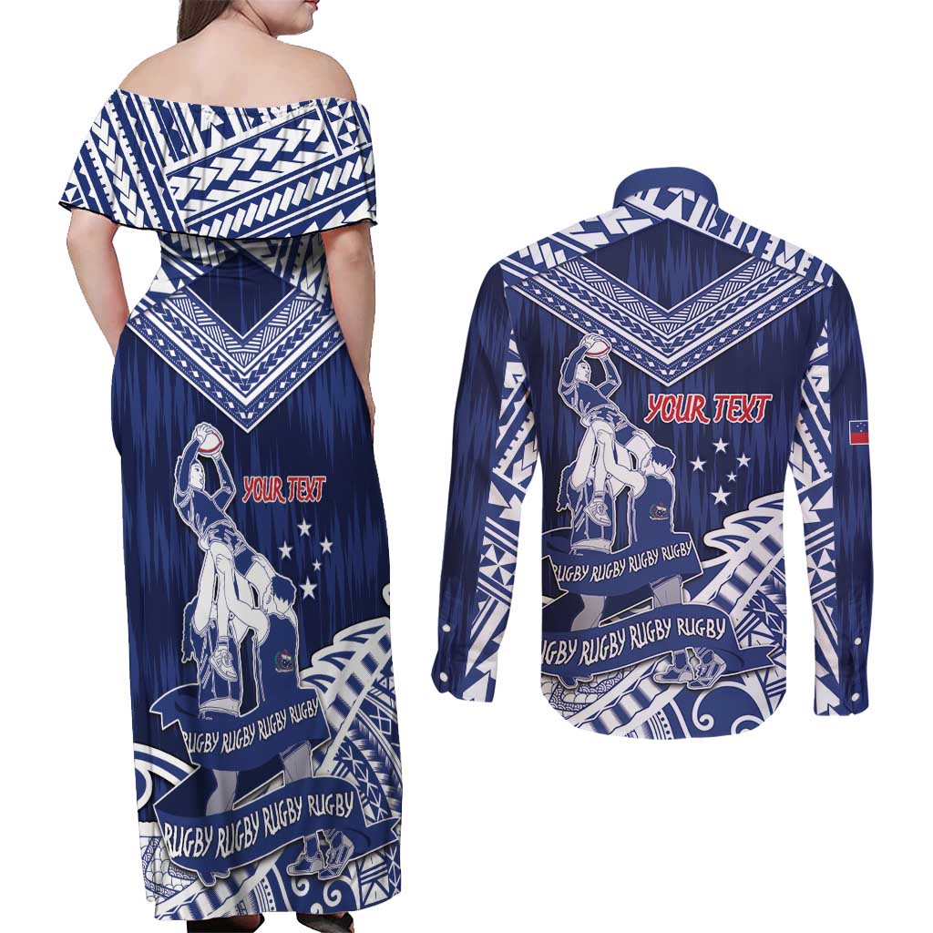Personalised Samoa Rugby Couples Matching Off Shoulder Maxi Dress and Long Sleeve Button Shirt Pacific Warrior Glory - Polynesian Pride