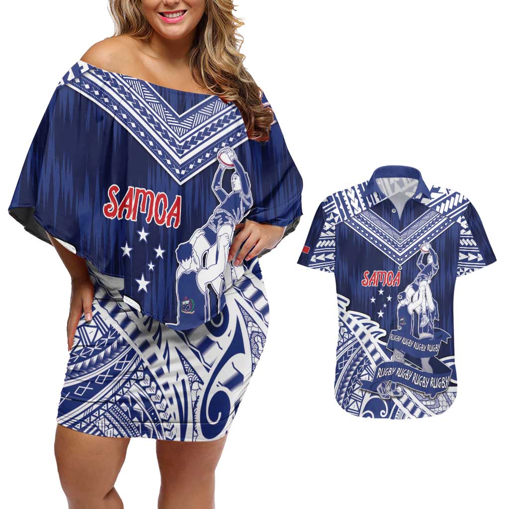 Personalised Samoa Rugby Couples Matching Off Shoulder Short Dress and Hawaiian Shirt Pacific Warrior Glory - Polynesian Pride