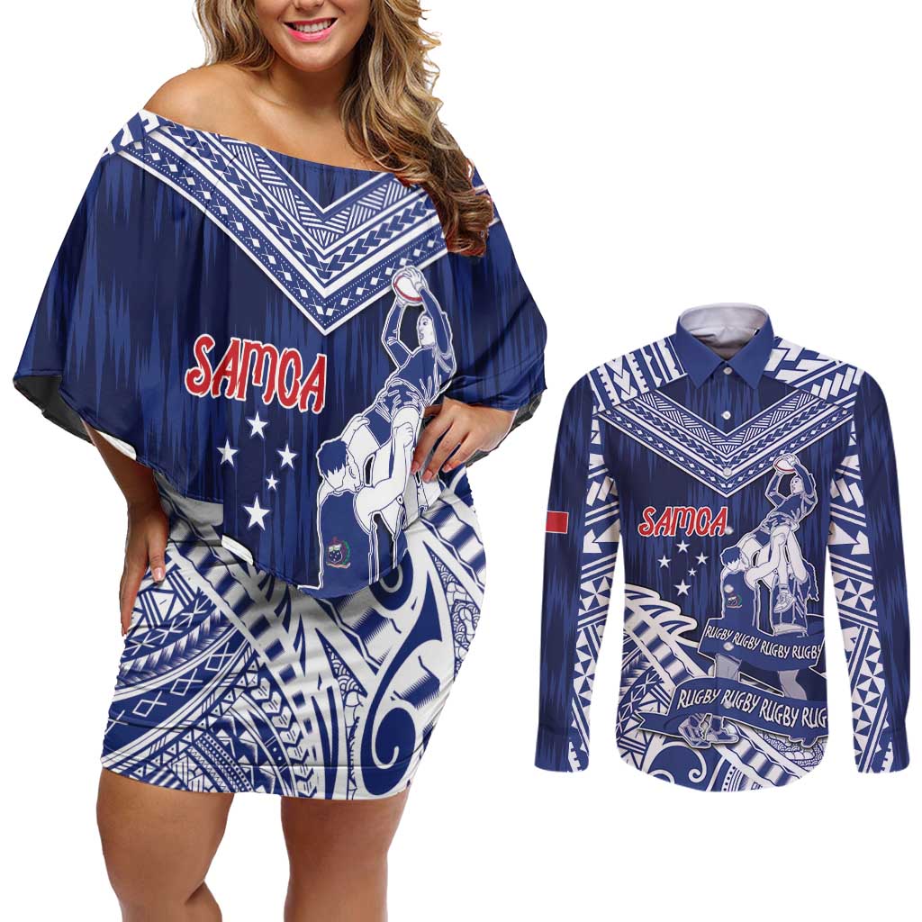 Personalised Samoa Rugby Couples Matching Off Shoulder Short Dress and Long Sleeve Button Shirt Pacific Warrior Glory - Polynesian Pride