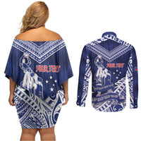 Personalised Samoa Rugby Couples Matching Off Shoulder Short Dress and Long Sleeve Button Shirt Pacific Warrior Glory - Polynesian Pride