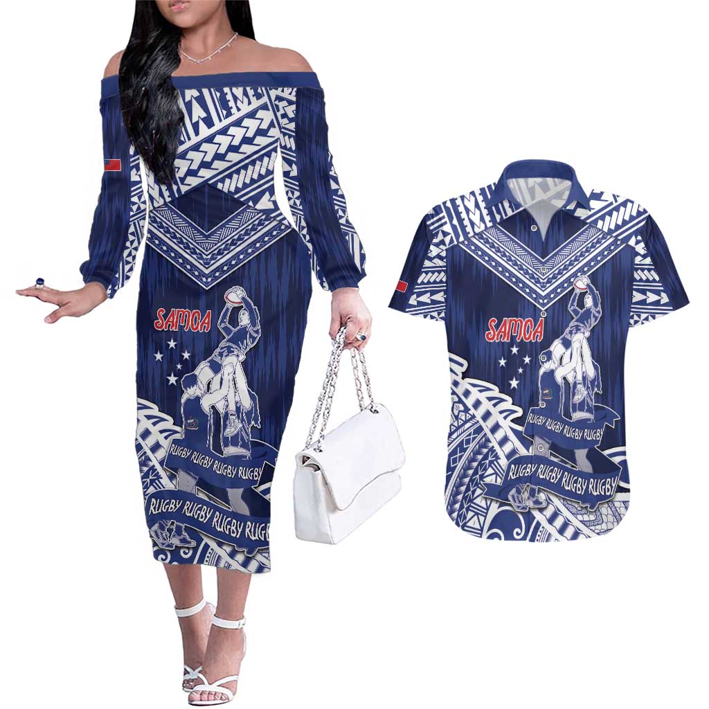 Personalised Samoa Rugby Couples Matching Off The Shoulder Long Sleeve Dress and Hawaiian Shirt Pacific Warrior Glory - Polynesian Pride
