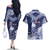 Personalised Samoa Rugby Couples Matching Off The Shoulder Long Sleeve Dress and Hawaiian Shirt Pacific Warrior Glory - Polynesian Pride