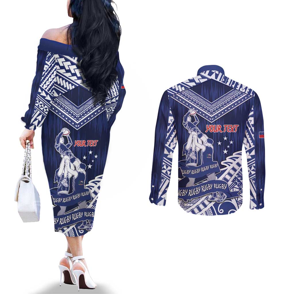 Personalised Samoa Rugby Couples Matching Off The Shoulder Long Sleeve Dress and Long Sleeve Button Shirt Pacific Warrior Glory - Polynesian Pride