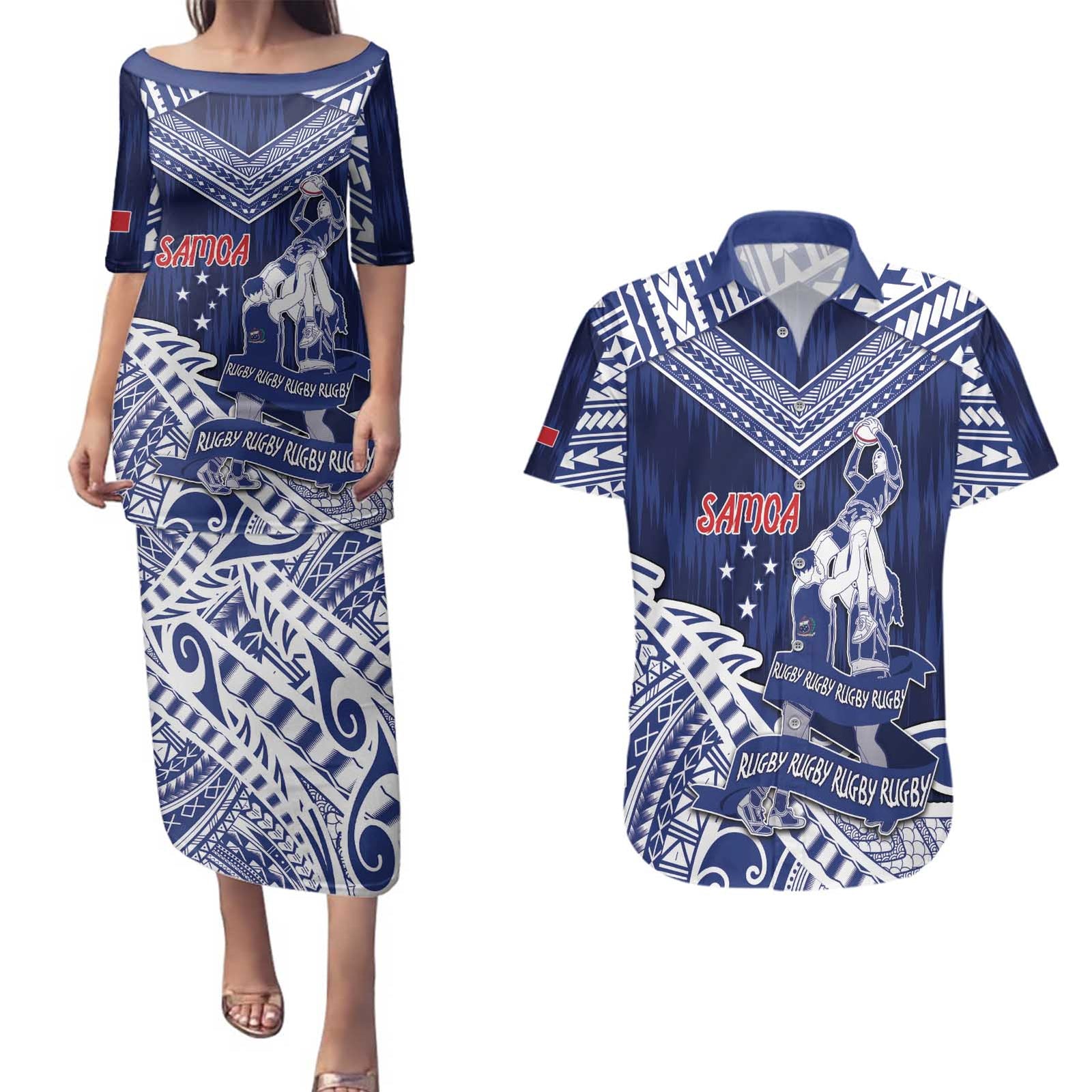 Personalised Samoa Rugby Couples Matching Puletasi and Hawaiian Shirt Pacific Warrior Glory - Polynesian Pride