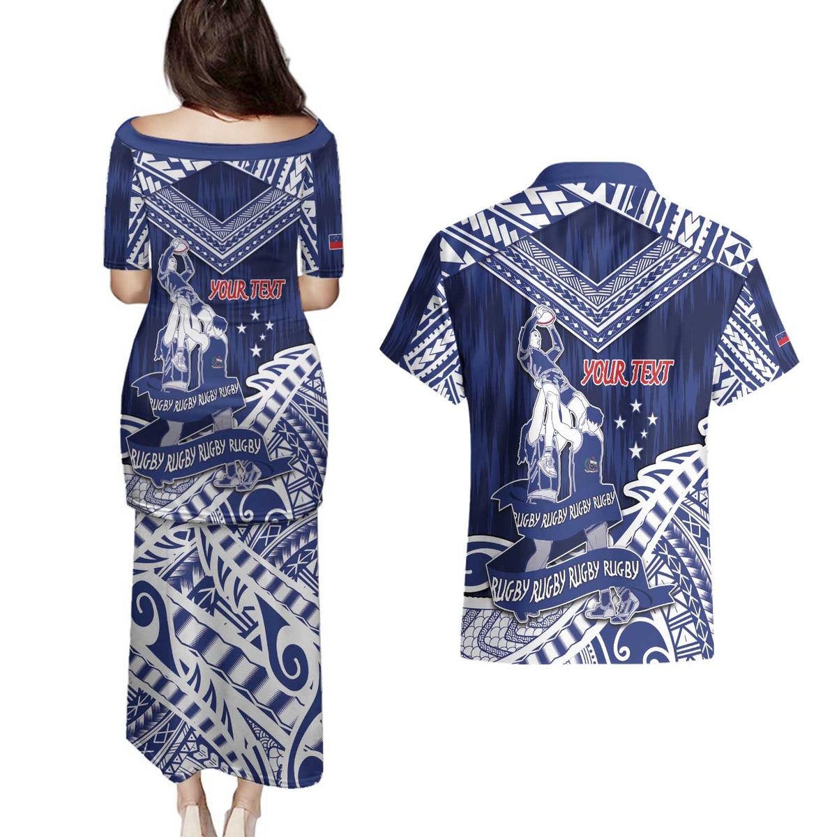 Personalised Samoa Rugby Couples Matching Puletasi and Hawaiian Shirt Pacific Warrior Glory - Polynesian Pride