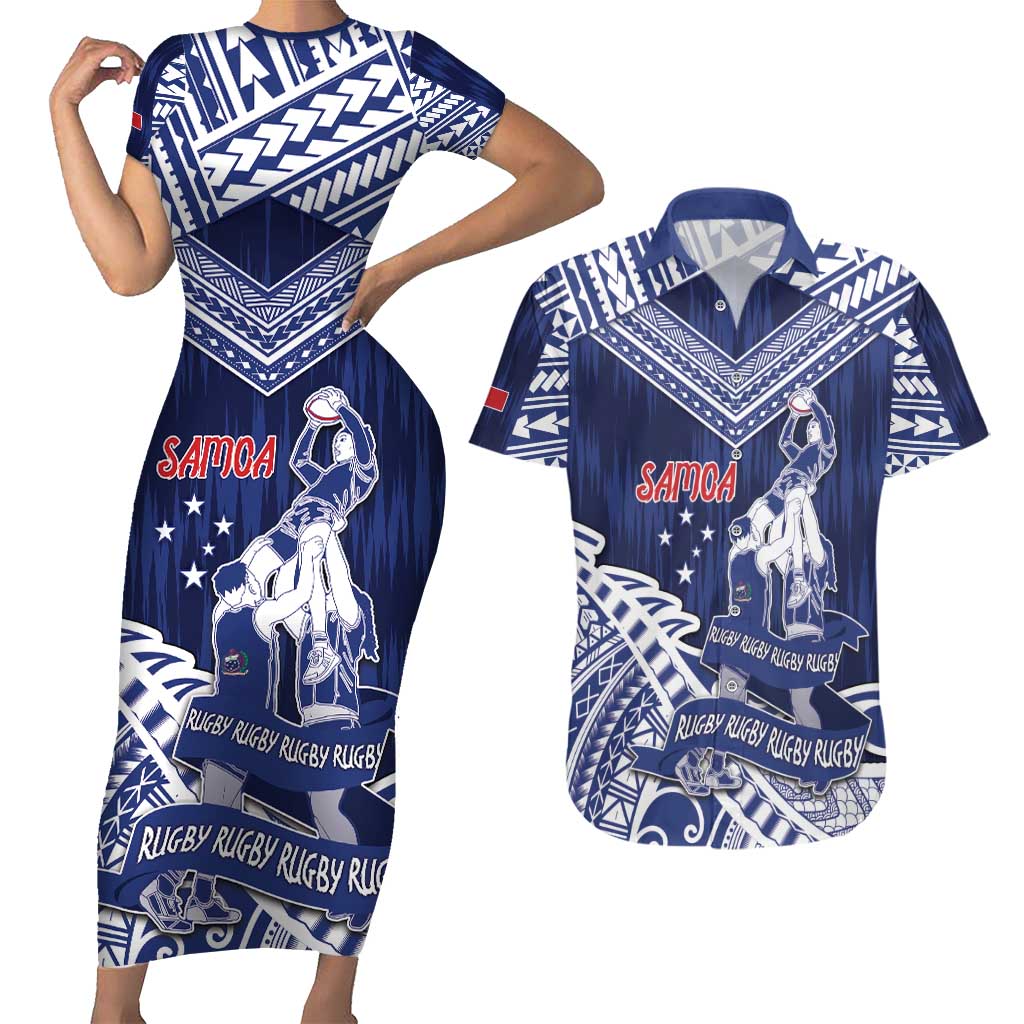 Personalised Samoa Rugby Couples Matching Short Sleeve Bodycon Dress and Hawaiian Shirt Pacific Warrior Glory - Polynesian Pride