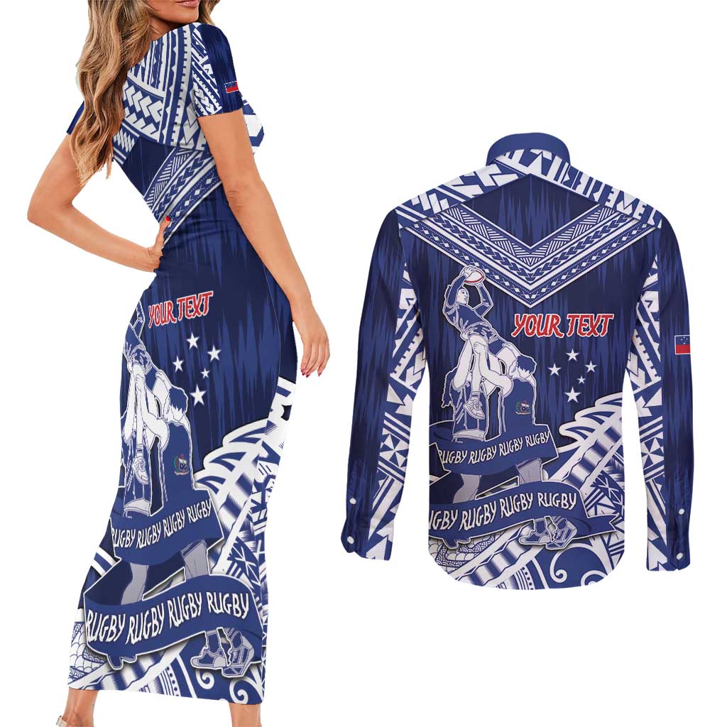 Personalised Samoa Rugby Couples Matching Short Sleeve Bodycon Dress and Long Sleeve Button Shirt Pacific Warrior Glory - Polynesian Pride