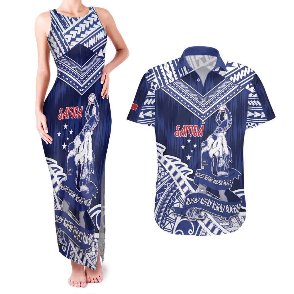 Personalised Samoa Rugby Couples Matching Tank Maxi Dress and Hawaiian Shirt Pacific Warrior Glory - Polynesian Pride