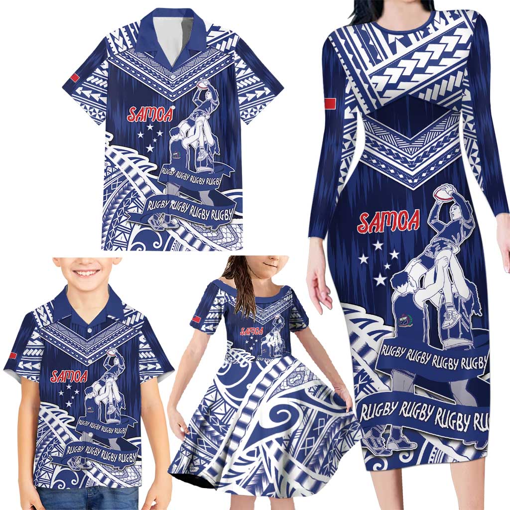 Personalised Samoa Rugby Family Matching Long Sleeve Bodycon Dress and Hawaiian Shirt Pacific Warrior Glory - Polynesian Pride
