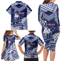 Personalised Samoa Rugby Family Matching Long Sleeve Bodycon Dress and Hawaiian Shirt Pacific Warrior Glory - Polynesian Pride