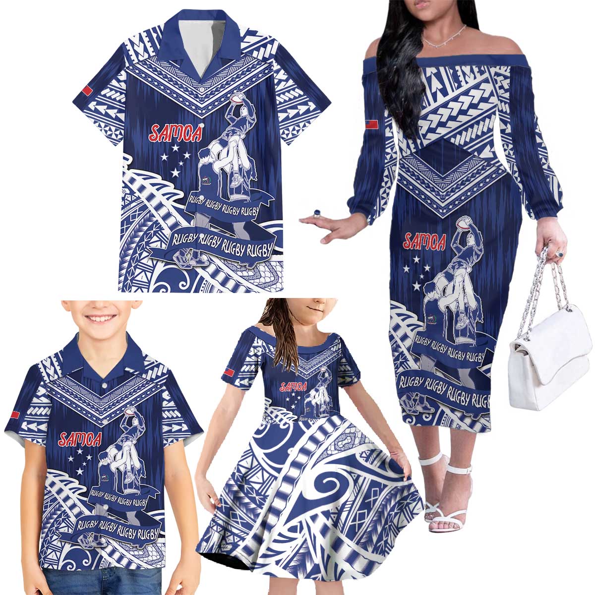 Personalised Samoa Rugby Family Matching Off The Shoulder Long Sleeve Dress and Hawaiian Shirt Pacific Warrior Glory - Polynesian Pride