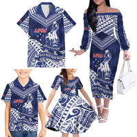 Personalised Samoa Rugby Family Matching Off The Shoulder Long Sleeve Dress and Hawaiian Shirt Pacific Warrior Glory - Polynesian Pride