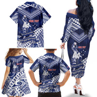 Personalised Samoa Rugby Family Matching Off The Shoulder Long Sleeve Dress and Hawaiian Shirt Pacific Warrior Glory - Polynesian Pride