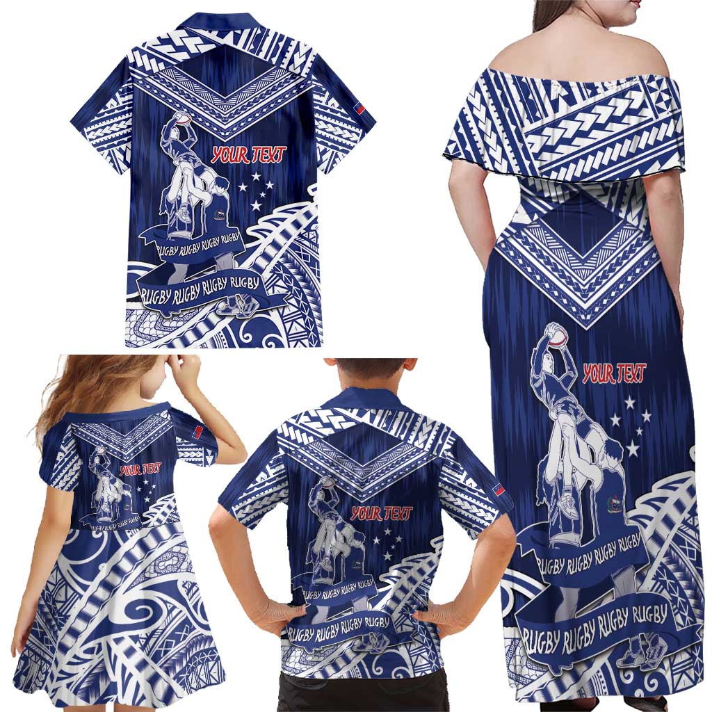 Personalised Samoa Rugby Family Matching Off Shoulder Maxi Dress and Hawaiian Shirt Pacific Warrior Glory - Polynesian Pride