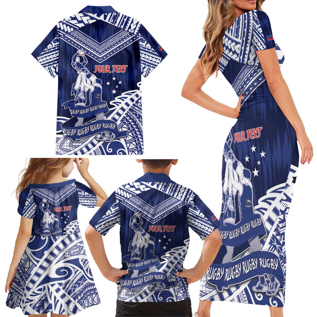 Personalised Samoa Rugby Family Matching Short Sleeve Bodycon Dress and Hawaiian Shirt Pacific Warrior Glory - Polynesian Pride