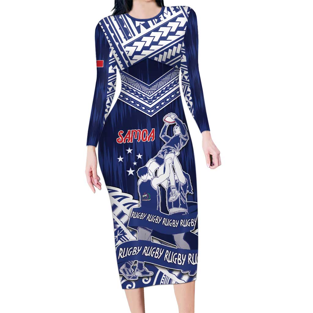 Personalised Samoa Rugby Long Sleeve Bodycon Dress Pacific Warrior Glory - Polynesian Pride