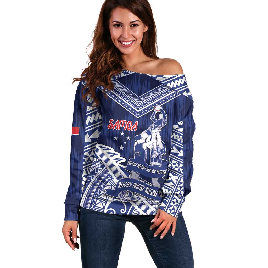 Personalised Samoa Rugby Off Shoulder Sweater Pacific Warrior Glory - Polynesian Pride