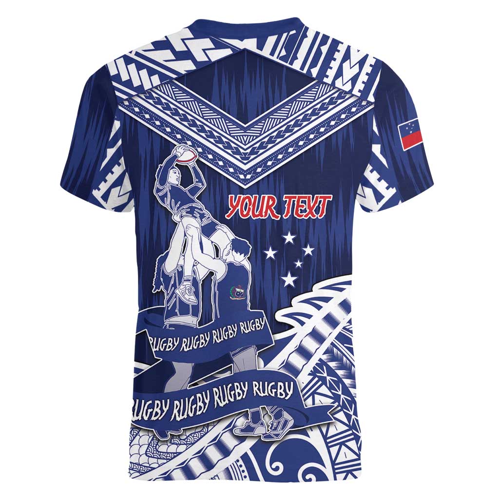 Personalised Samoa Rugby Women V-Neck T-Shirt Pacific Warrior Glory - Polynesian Pride