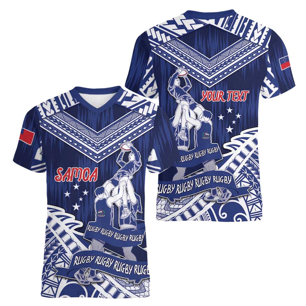 Personalised Samoa Rugby Women V-Neck T-Shirt Pacific Warrior Glory - Polynesian Pride