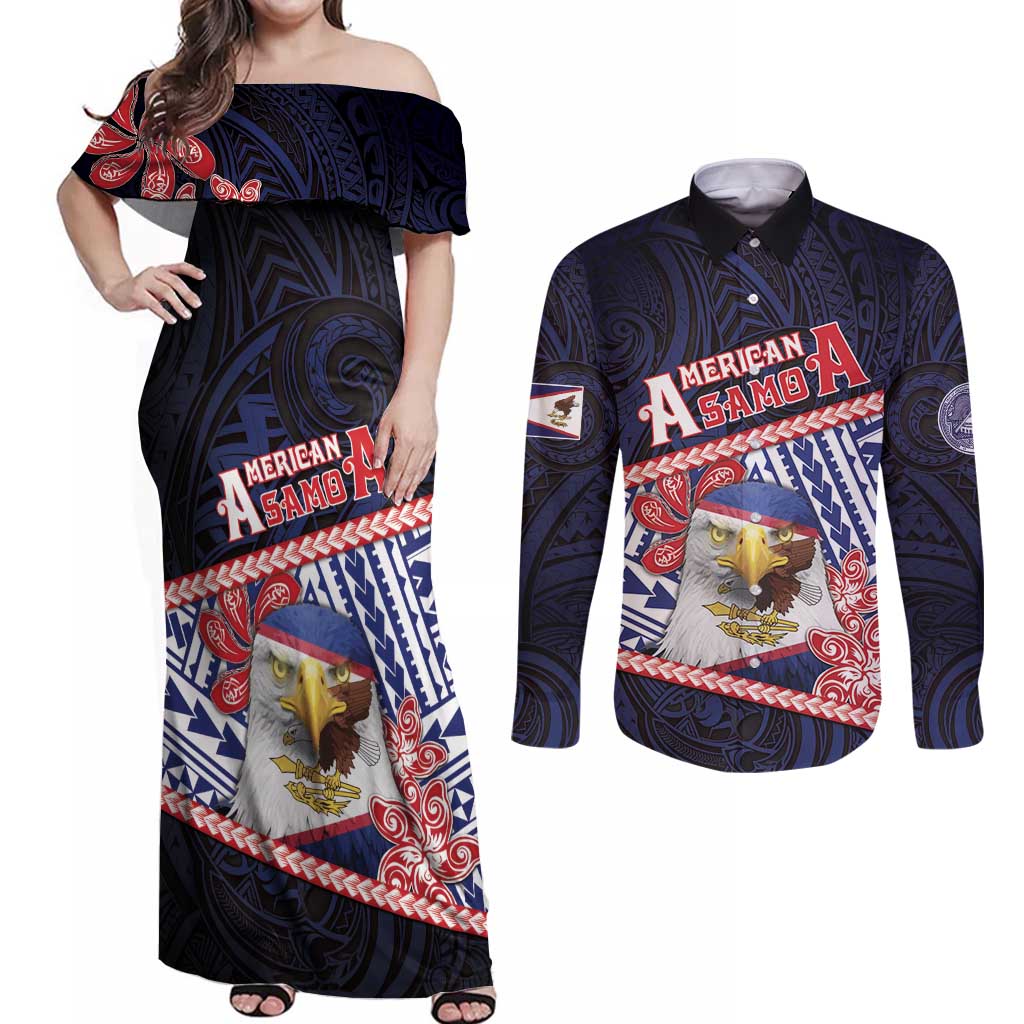 Personalized American Samoa Couples Matching Off Shoulder Maxi Dress and Long Sleeve Button Shirt Bald Eagle With Polynesian Pattern - Polynesian Pride