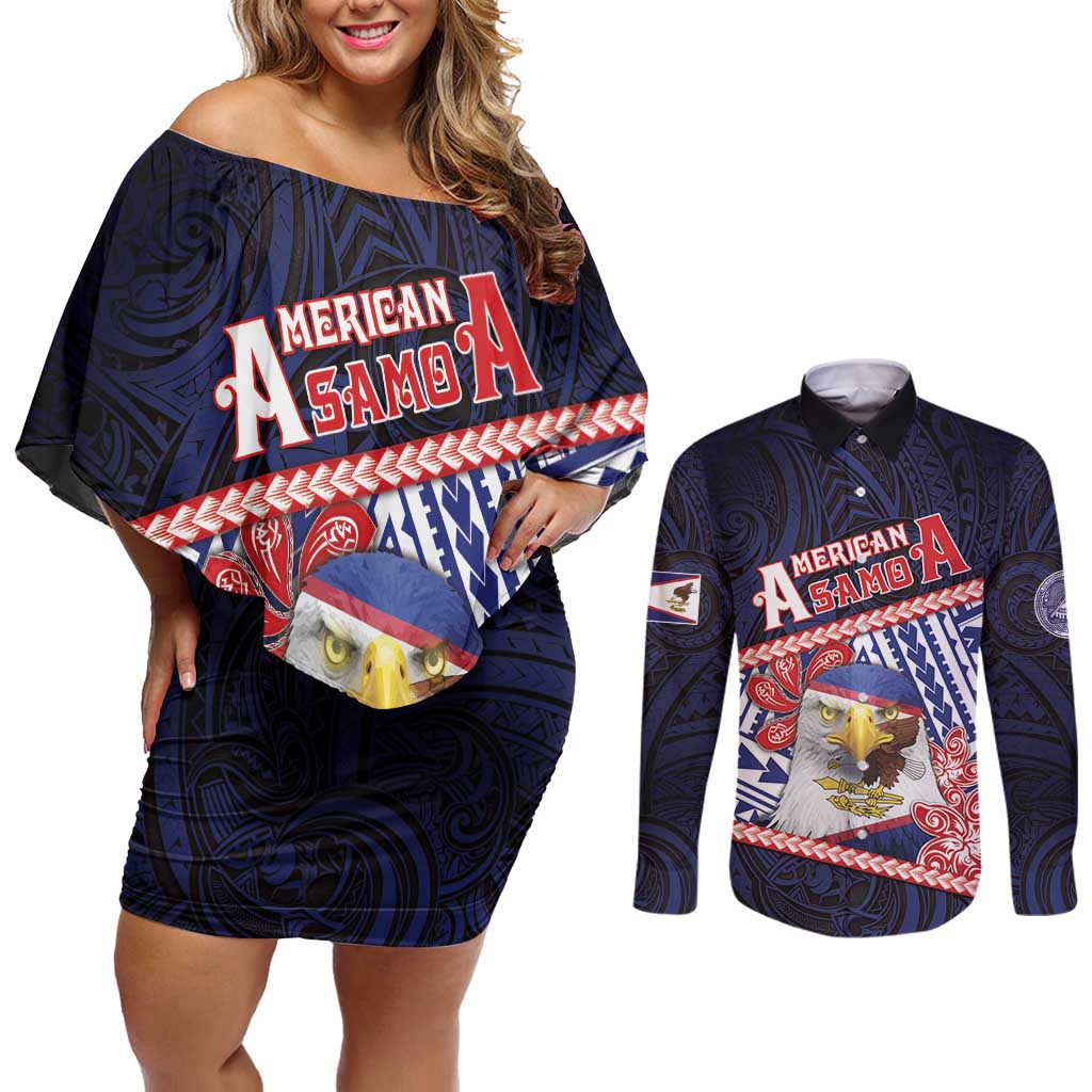 Personalized American Samoa Couples Matching Off Shoulder Short Dress and Long Sleeve Button Shirt Bald Eagle With Polynesian Pattern - Polynesian Pride