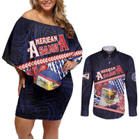 Personalized American Samoa Couples Matching Off Shoulder Short Dress and Long Sleeve Button Shirt Bald Eagle With Polynesian Pattern - Polynesian Pride