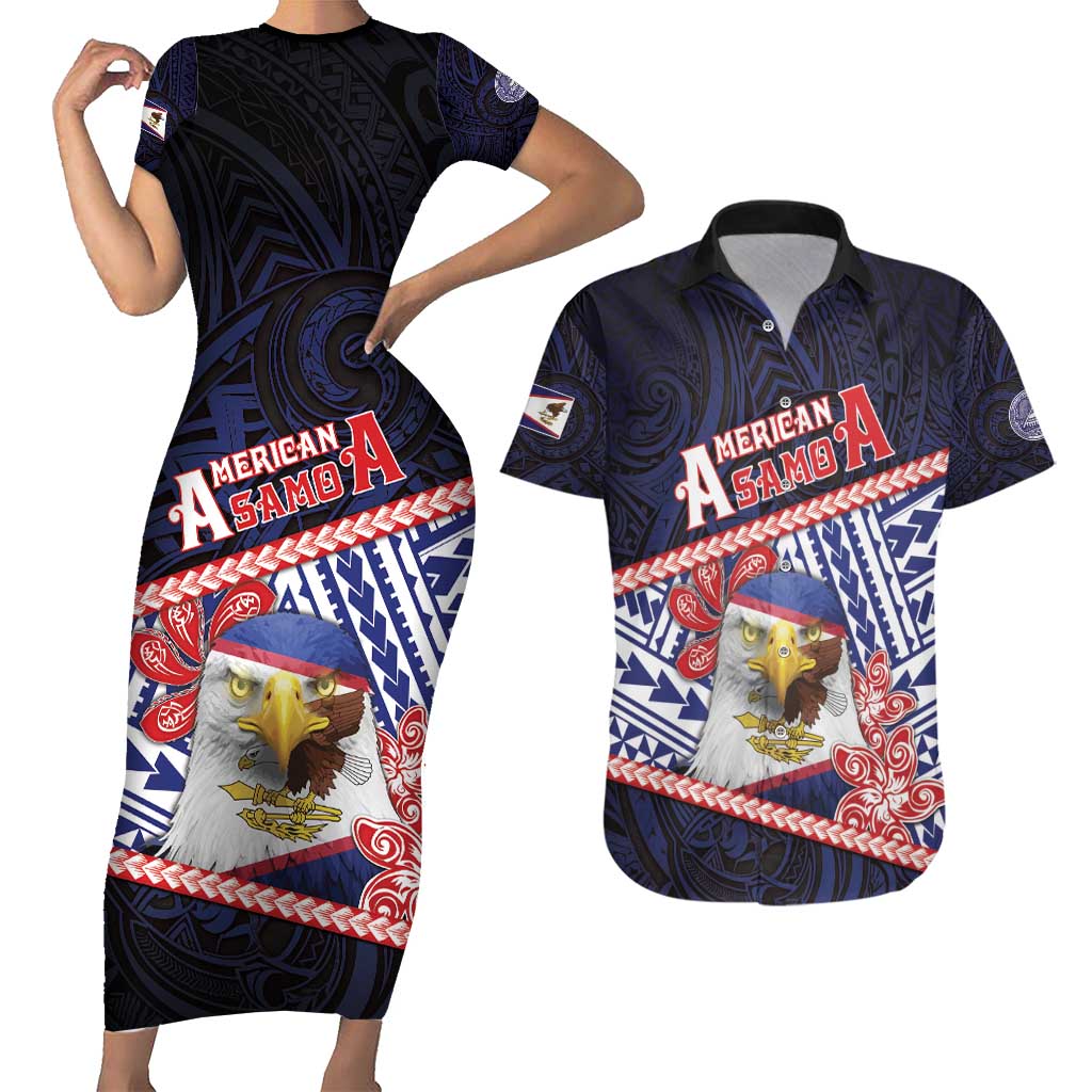 Personalized American Samoa Couples Matching Short Sleeve Bodycon Dress and Hawaiian Shirt Bald Eagle With Polynesian Pattern - Polynesian Pride