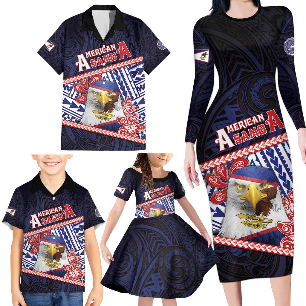 Personalized American Samoa Family Matching Long Sleeve Bodycon Dress and Hawaiian Shirt Bald Eagle With Polynesian Pattern - Polynesian Pride