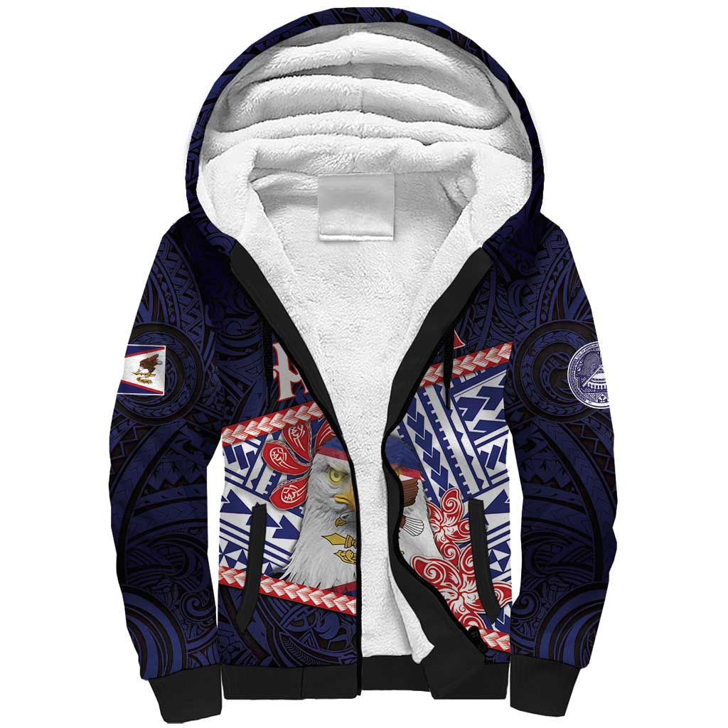 Personalized American Samoa Sherpa Hoodie Bald Eagle With Polynesian Pattern DT05 Unisex Navy - Polynesian Pride