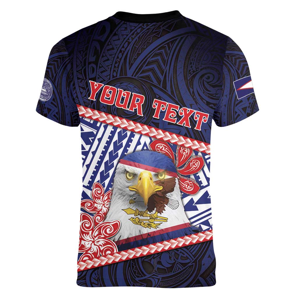 Personalized American Samoa Women V-Neck T-Shirt Bald Eagle With Polynesian Pattern - Polynesian Pride