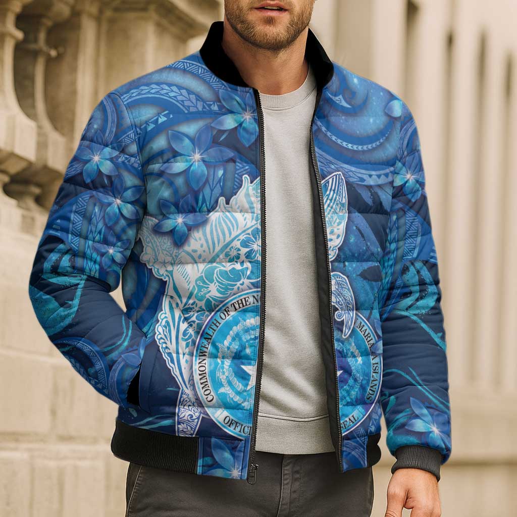 Personalised Northern Mariana Islands Bomber Puffer Jacket Galaxy Polynesian Shark Tattoo - Polynesian Pride