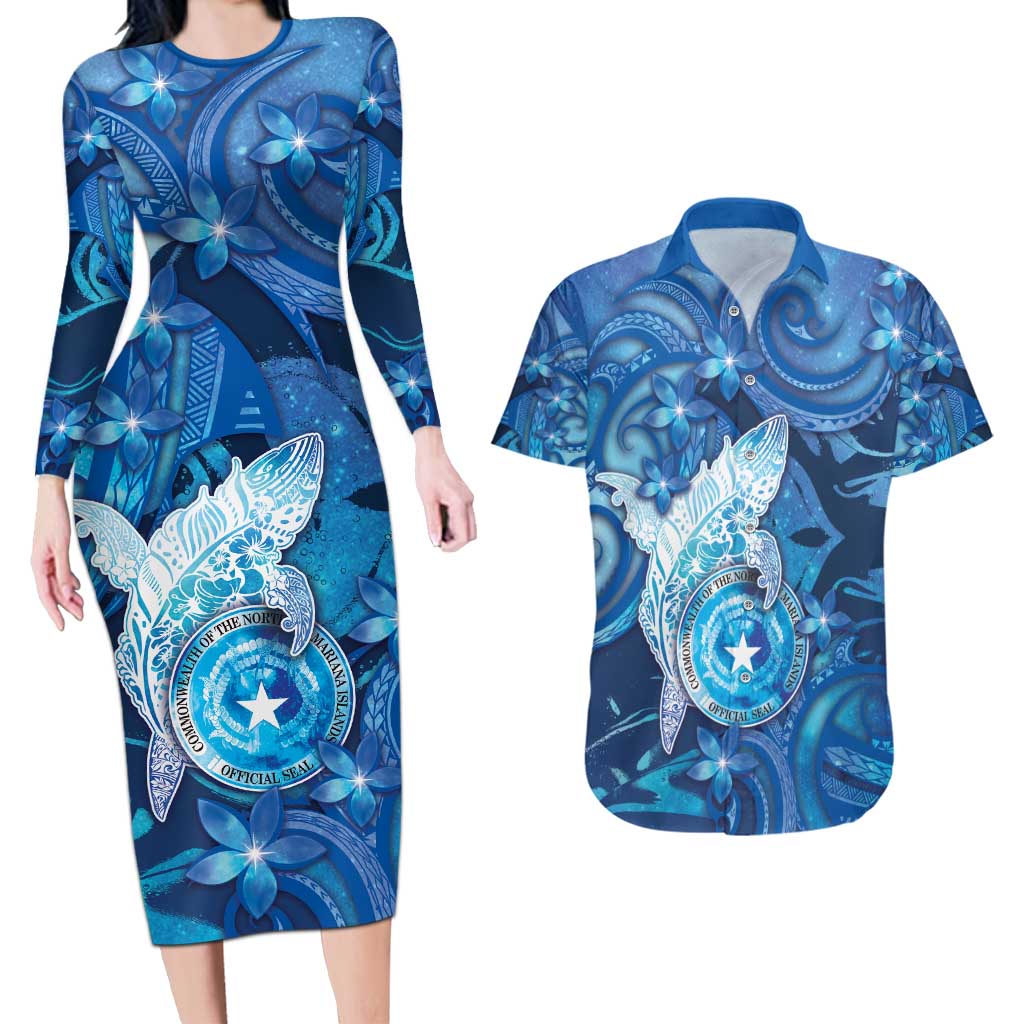 Personalised Northern Mariana Islands Couples Matching Long Sleeve Bodycon Dress and Hawaiian Shirt Galaxy Polynesian Shark Tattoo - Polynesian Pride