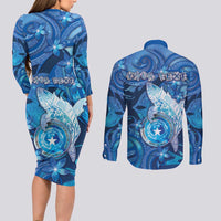 Personalised Northern Mariana Islands Couples Matching Long Sleeve Bodycon Dress and Long Sleeve Button Shirt Galaxy Polynesian Shark Tattoo - Polynesian Pride