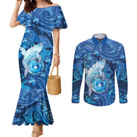 Personalised Northern Mariana Islands Couples Matching Mermaid Dress and Long Sleeve Button Shirt Galaxy Polynesian Shark Tattoo - Polynesian Pride