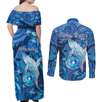 Personalised Northern Mariana Islands Couples Matching Off Shoulder Maxi Dress and Long Sleeve Button Shirt Galaxy Polynesian Shark Tattoo - Polynesian Pride