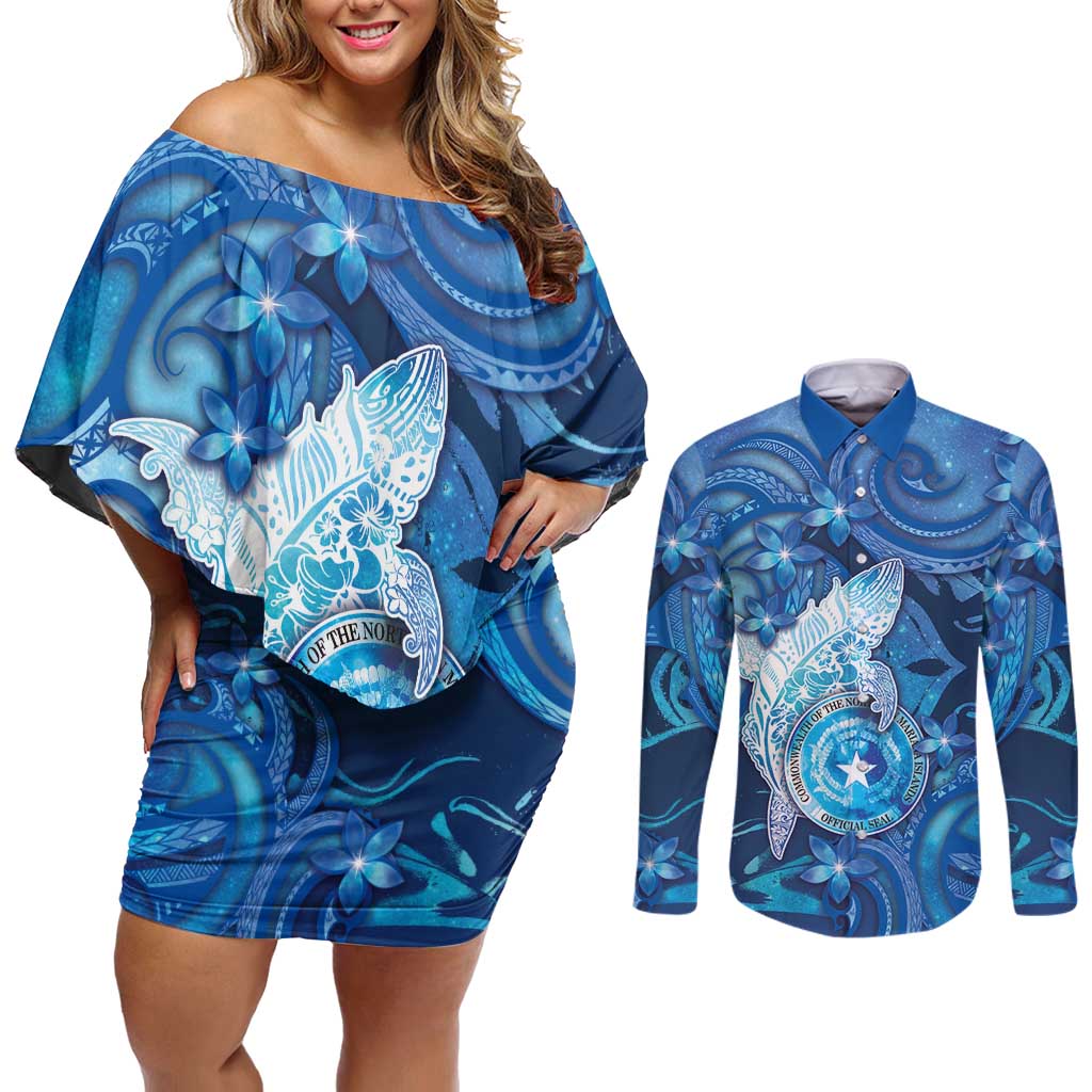 Personalised Northern Mariana Islands Couples Matching Off Shoulder Short Dress and Long Sleeve Button Shirt Galaxy Polynesian Shark Tattoo - Polynesian Pride