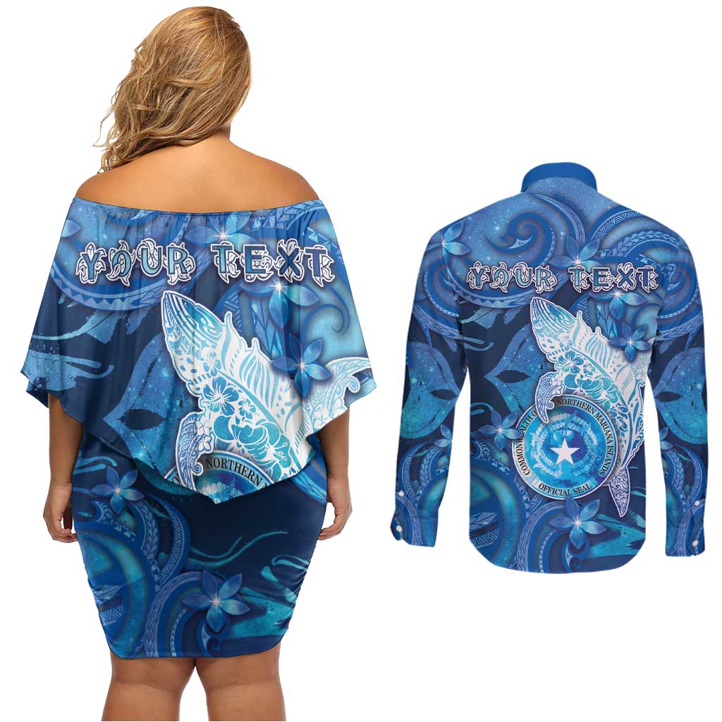 Personalised Northern Mariana Islands Couples Matching Off Shoulder Short Dress and Long Sleeve Button Shirt Galaxy Polynesian Shark Tattoo - Polynesian Pride
