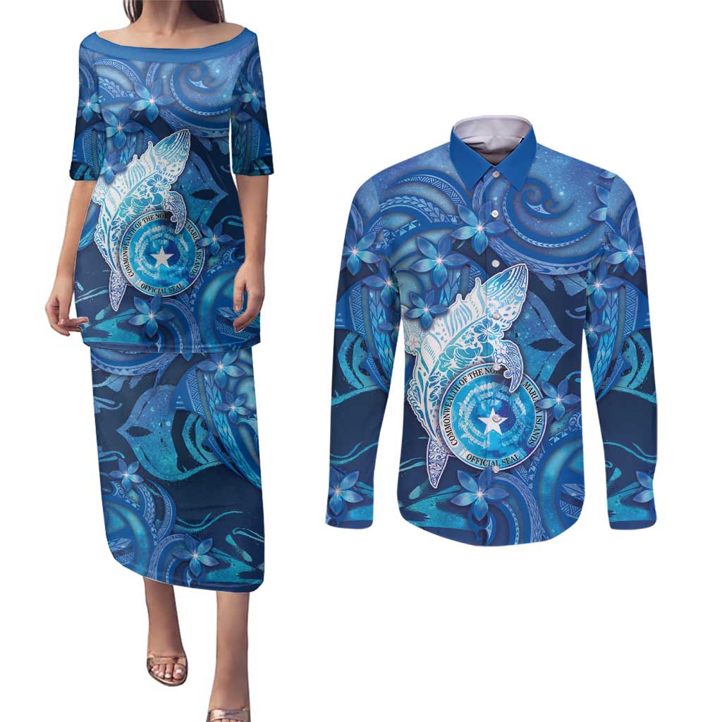 Personalised Northern Mariana Islands Couples Matching Puletasi and Long Sleeve Button Shirt Galaxy Polynesian Shark Tattoo - Polynesian Pride