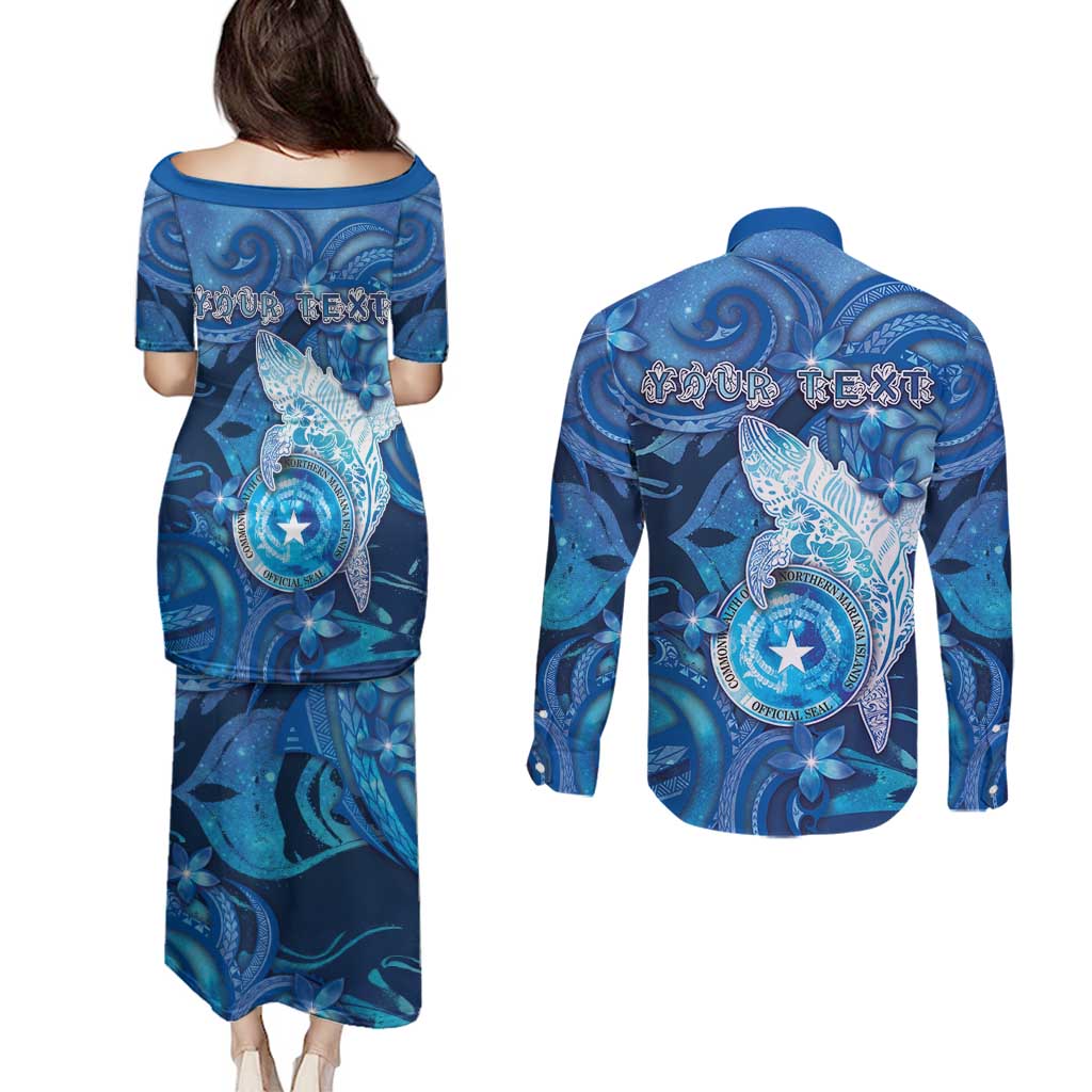 Personalised Northern Mariana Islands Couples Matching Puletasi and Long Sleeve Button Shirt Galaxy Polynesian Shark Tattoo - Polynesian Pride