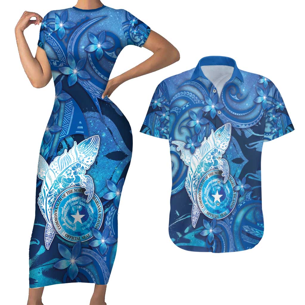 Personalised Northern Mariana Islands Couples Matching Short Sleeve Bodycon Dress and Hawaiian Shirt Galaxy Polynesian Shark Tattoo - Polynesian Pride